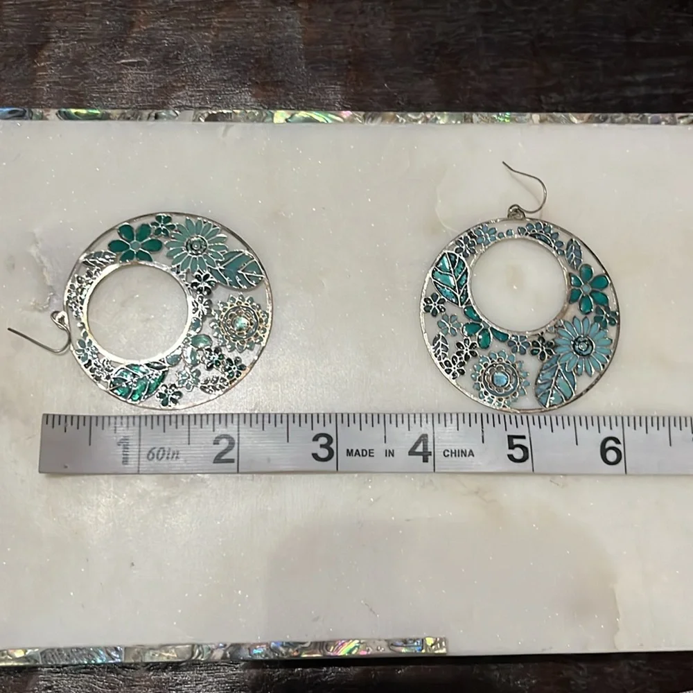 Sage green and dark green floral hoop silver pierced earrings  2”